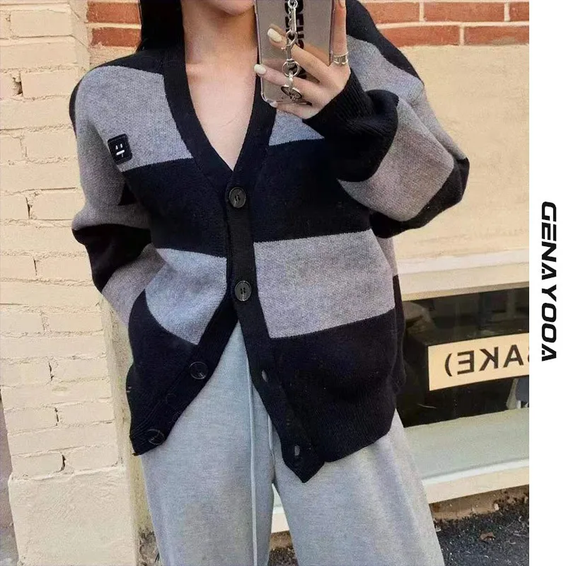 

Genayooa Knit Cardigan Women 2021 Autumn Winter Black Striped Long Sleeve Oversized Female Cardigans Korean Style Casual