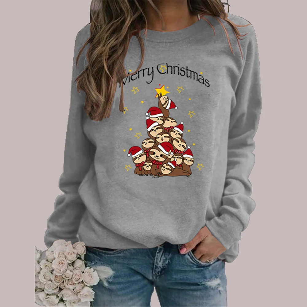 

Women's Merry Christmas Sweatshirt Cute Sloth Tree Print Graphic Hoodies Jumper Autumn Winter Pullover Tops Female 2020 Clothes