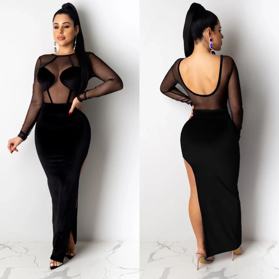 Women 2020 Spring Winter Long Maxi Dress Mesh Patchwork Full Sleeve Velvet Sexy Night Club Party Bandage Bodycon Dresses | Женская