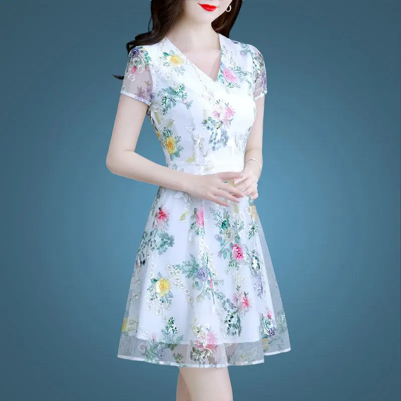 

Dress women summer 2021 new summer dress popular women's temperament mesh floral summer chiffon skirt vestidos de fiesta
