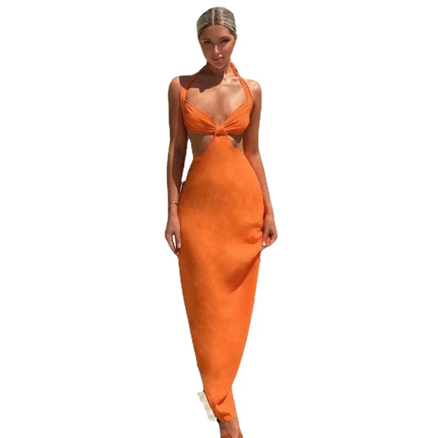 

Halter Bandage Strap Dress Women 2021 Spring Summer Sexy Temperament Mopping Long Skirt Maxi Dress