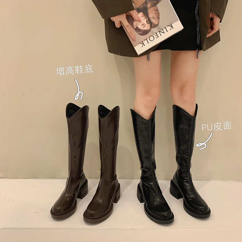 

Женские сапоги на высоком каблуке, с круглым носком