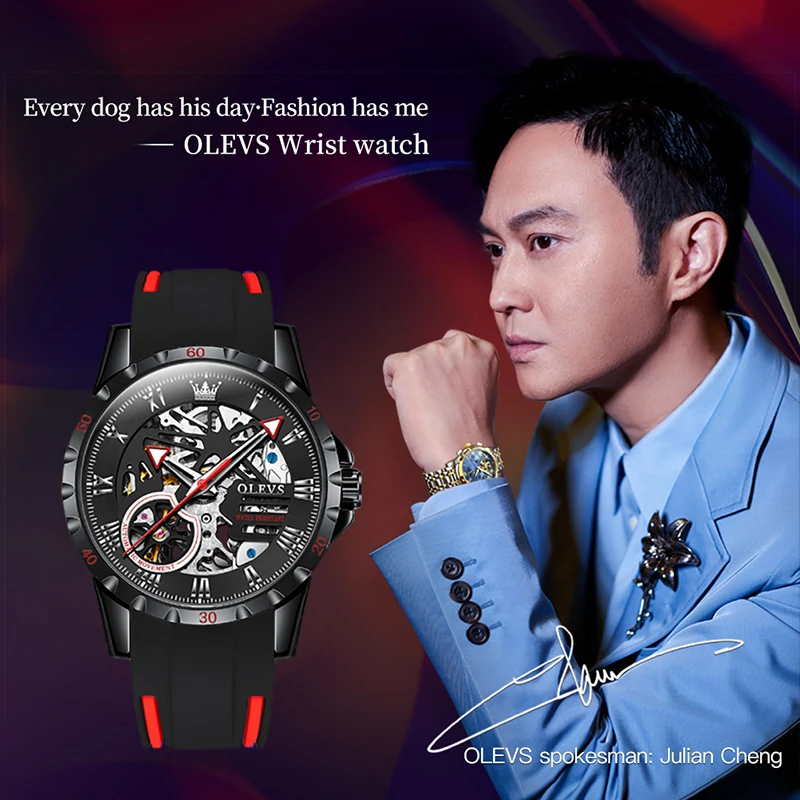 OLEVS brand men's watches large dial automatic mechanical watches trend fashion hollow watch silicone band