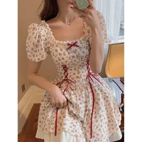 japan girl boho kawaii floral dress woman french mori girl style boho puff sleeve bandage lace mini dress pink cute elegant