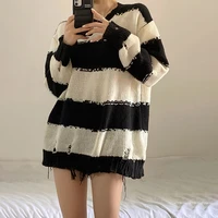 lmq new women basic loose hollow out thin ripped striped sweater lazy loose knitted oversized jumpers tops streetwear pullover