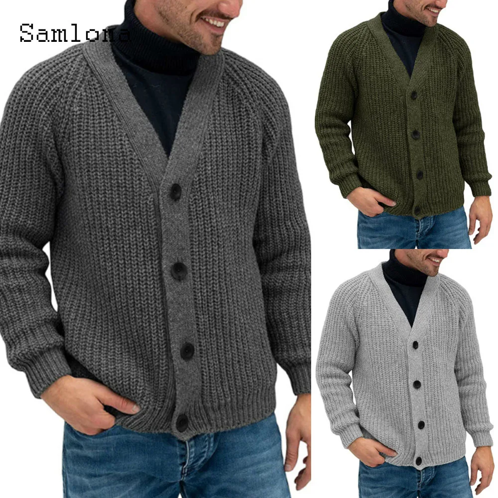 Samlona Men Fashion Knitwear Winter Warm Coats Mens Streetwear 2021 Single Breasted Top Cardigans Solid Vintage Knitted Sweaters