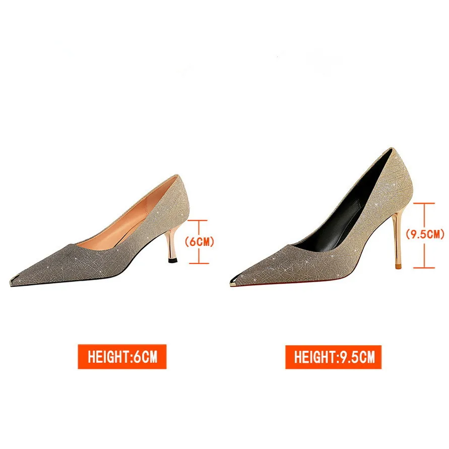 

34-40 Party Club Sexy Ladies Pumps Thin High Heels Female Shallow Blingbling Metal-Pointed-Toe Wedding Women Elegant Pumps Shoes
