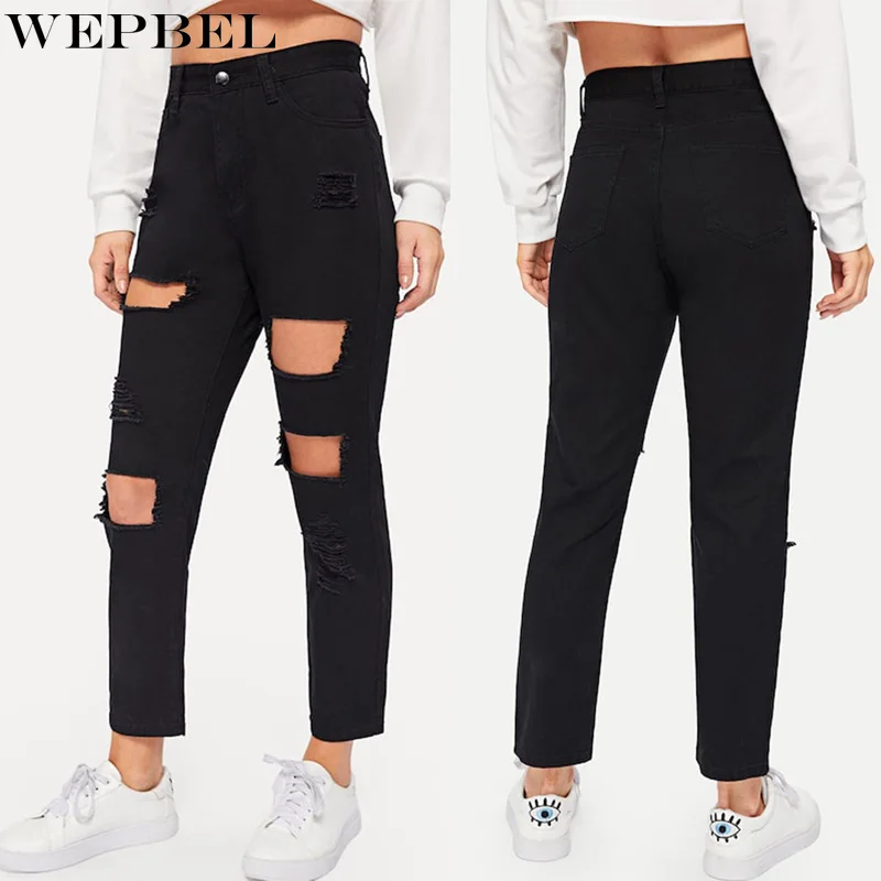 

WEPBEL Denim Pants Women's Fashion Holes Solid Color Black Jeans Summer Casual High Waist Denim Straight Trousers