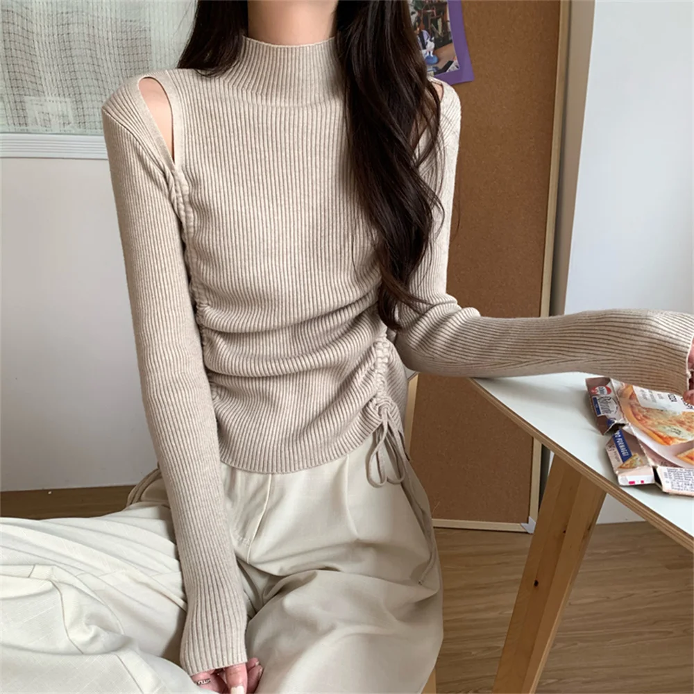 Женский трикотажный свитер на завязках, повседневный однотонный облегающий пуловер с открытыми плечами, 2021