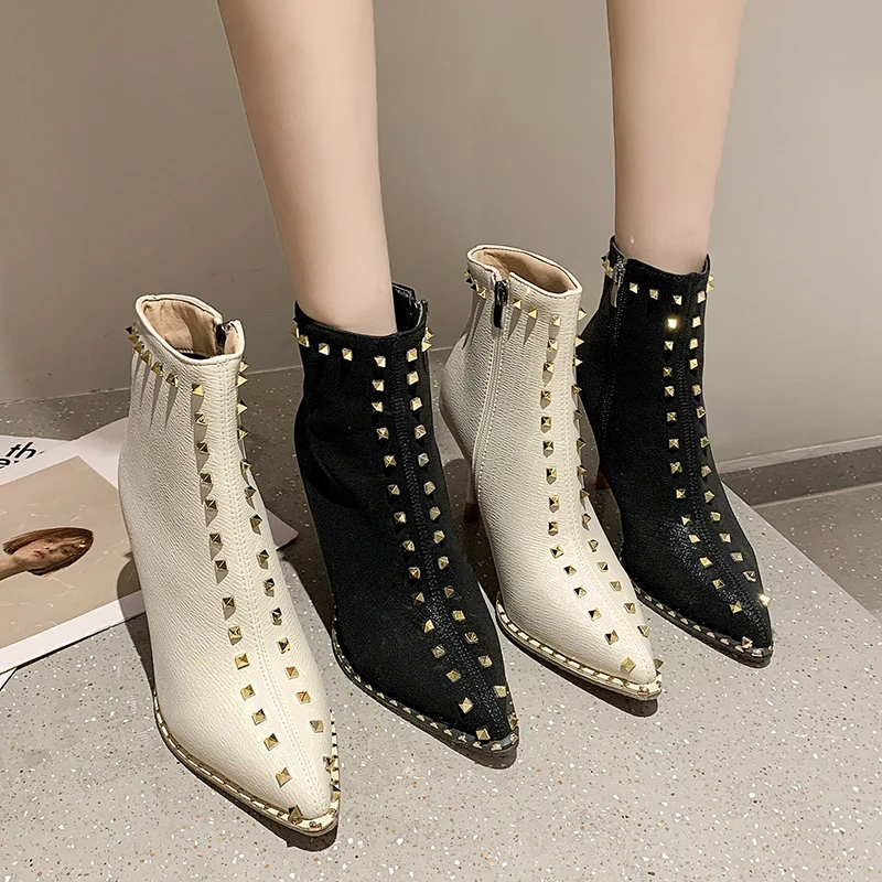 

High-heeled Boots Women Goth Rivet Pointed Stilettos Zip Ankle Boot Club Partty Female Shoe Autumn Winter White Shoe Short Boot
