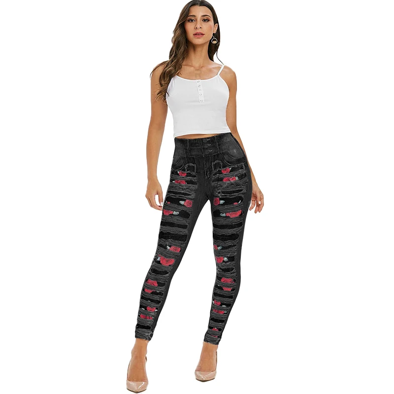 Рваные обтягивающие джинсовые джеггинсы с принтом розы штаны леггинсы высокой