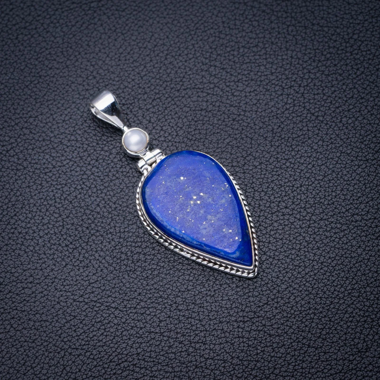 

StarGems Natural Lapis Lazuli River Pearl Handmade 925 Sterling Silver Pendant 2" E4004
