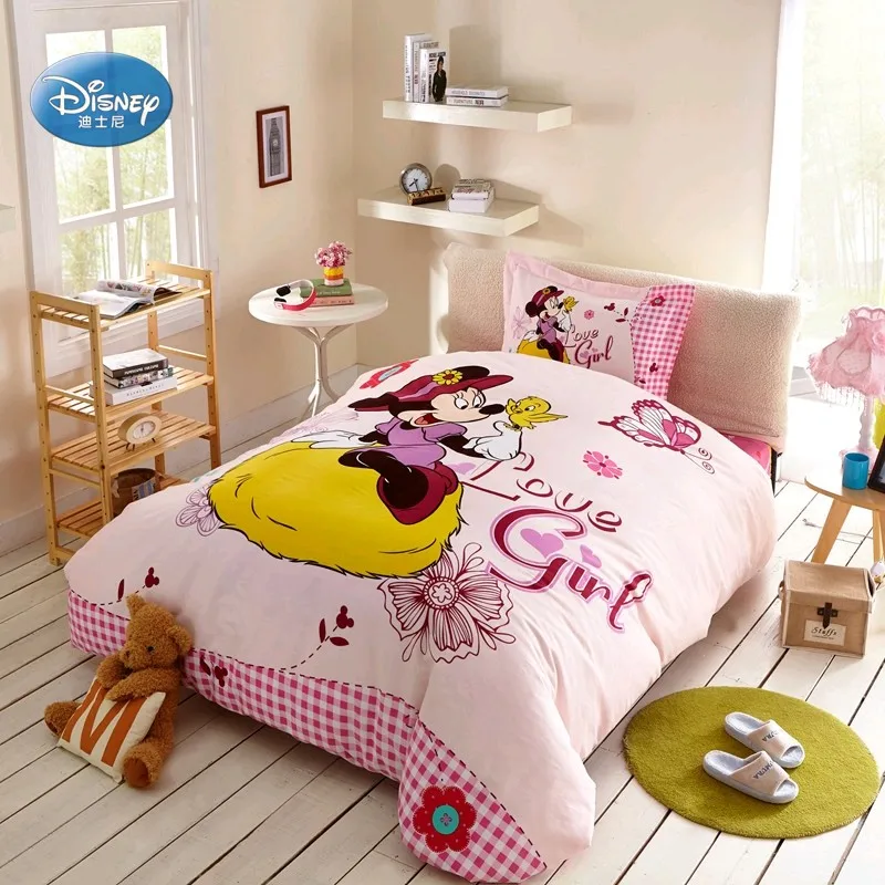 Disney Pale Pink Minnie Mouse Printed Bedding Set Girls Bedroom Decorative Sheets Down Duvet Quilt Cover Pillowcases 3/4 Pieces