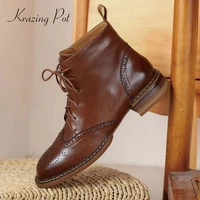 krazing pot preppy style genuine leather retro superstar thick med heel round toe lace up leisure dating modern ankle boots l83