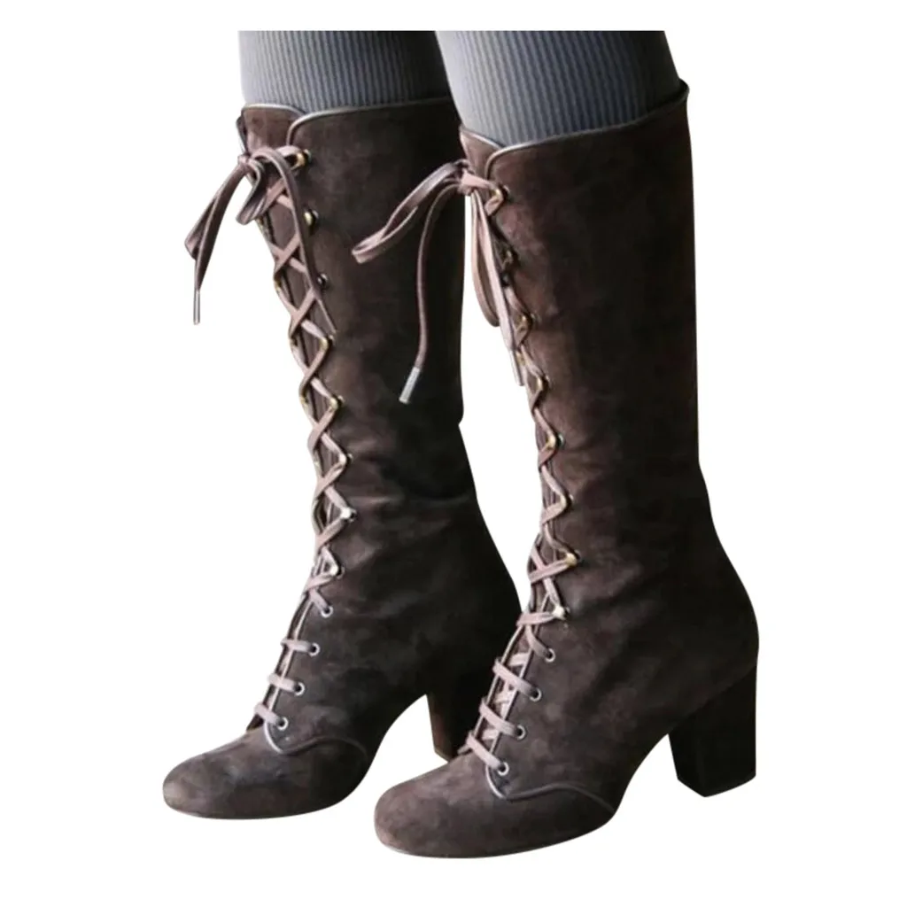 Women Long Boots Casual Lace Up Autumn Winter Thigh High Boots Botas Mujer Footwear Retro Mid-Calf Boots Thick Heels Shoes#930
