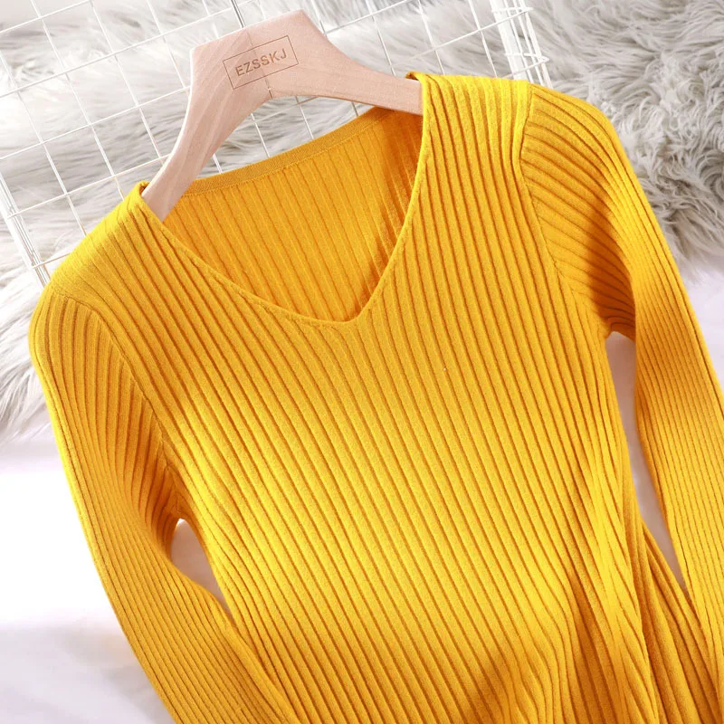 

basic v-neck solid spring autumn Sweater Pullover Women Female Knitted sweater slim long sleeve badycon sweater cheap