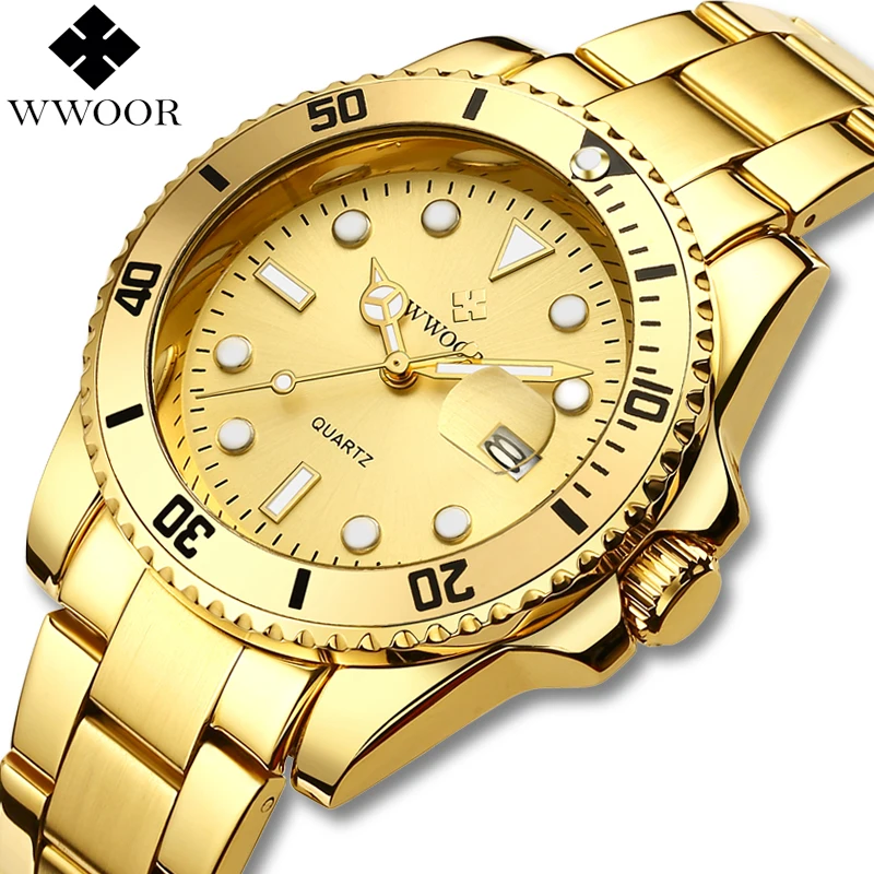 

New Mens Watches Top Brand Luxury WWOOR Luminous Analog Quartz Waterproof Gold Stainless Steel Male Wrist Watch Men Golden Dress