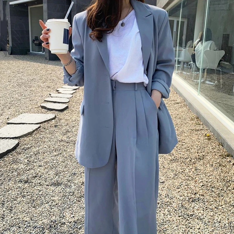 Womens Suits Blazer With Pants Korean Vintage Haze Blue Three-button Blazer + High-waist Straight Mopping Trousers Two-piece