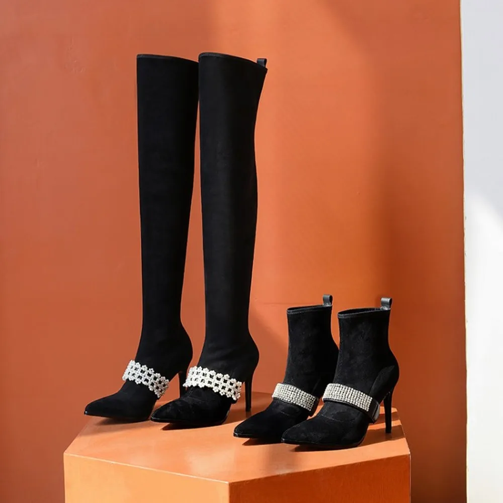 

OEING Womens Pointy Toe Stretchy Over The Knee Thigh&Ankle Boots Pearls Rhinestones Band Stilettos High Heel Shoes Real Leather