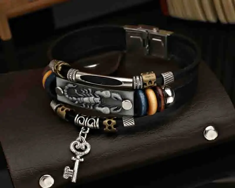 Многослойные мужские браслеты в стиле ретро с скорпионами кожаный браслет