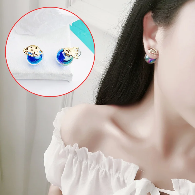 Женские серьги-гвоздики в виде Голубой планеты Луна и Вселенная |