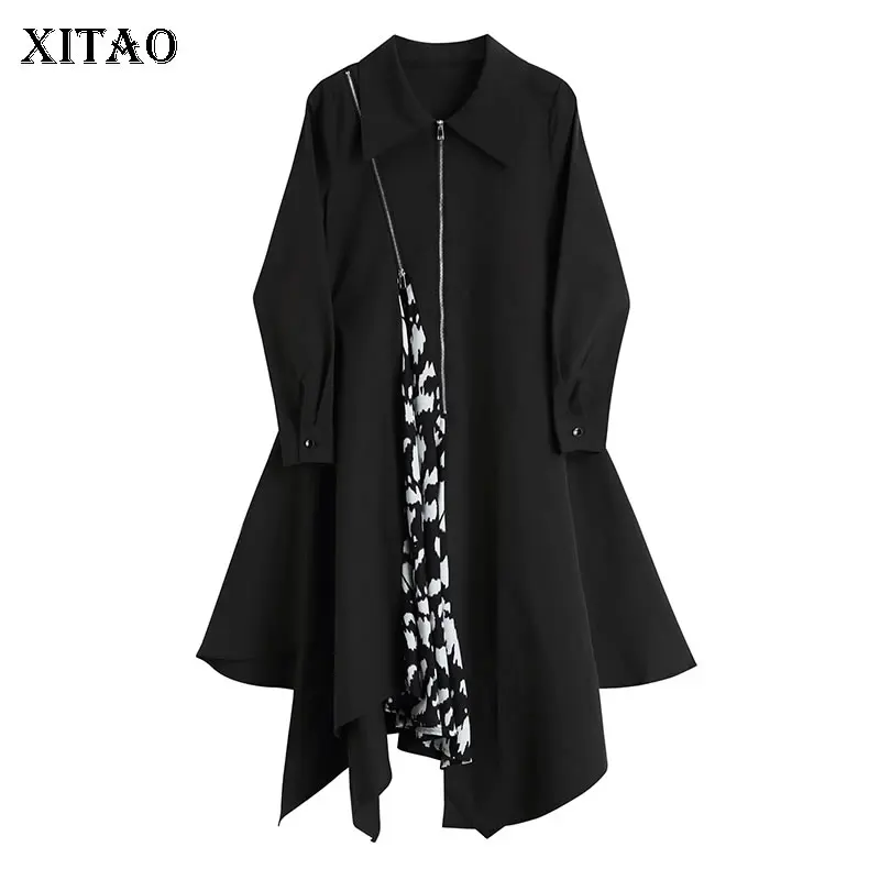 

XITAO Irregular Splicing Dress Fashion Zipper Print Patchwork Women 2021 Autumn Winter New Loose Trendy Shirt Dress MD4307