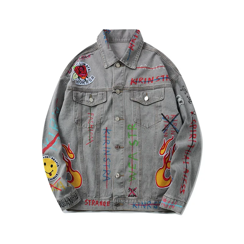 

ABOORUN Men's Hip Hop Denim Jackets Embroidery Graffiti Printed Denim Jackets Brand Autumn Coat for Male