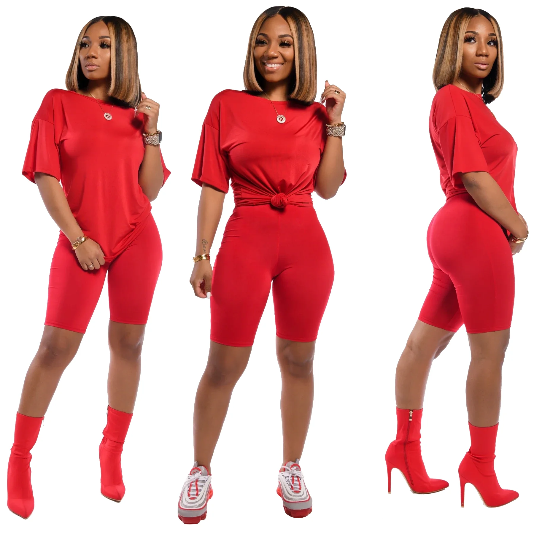 

2021 Summer New Shorts Two Pieces Sets Solid Comfortable Short Sleeves T Shirt Round Neck Stretchy Shorts Casual Tracksuits