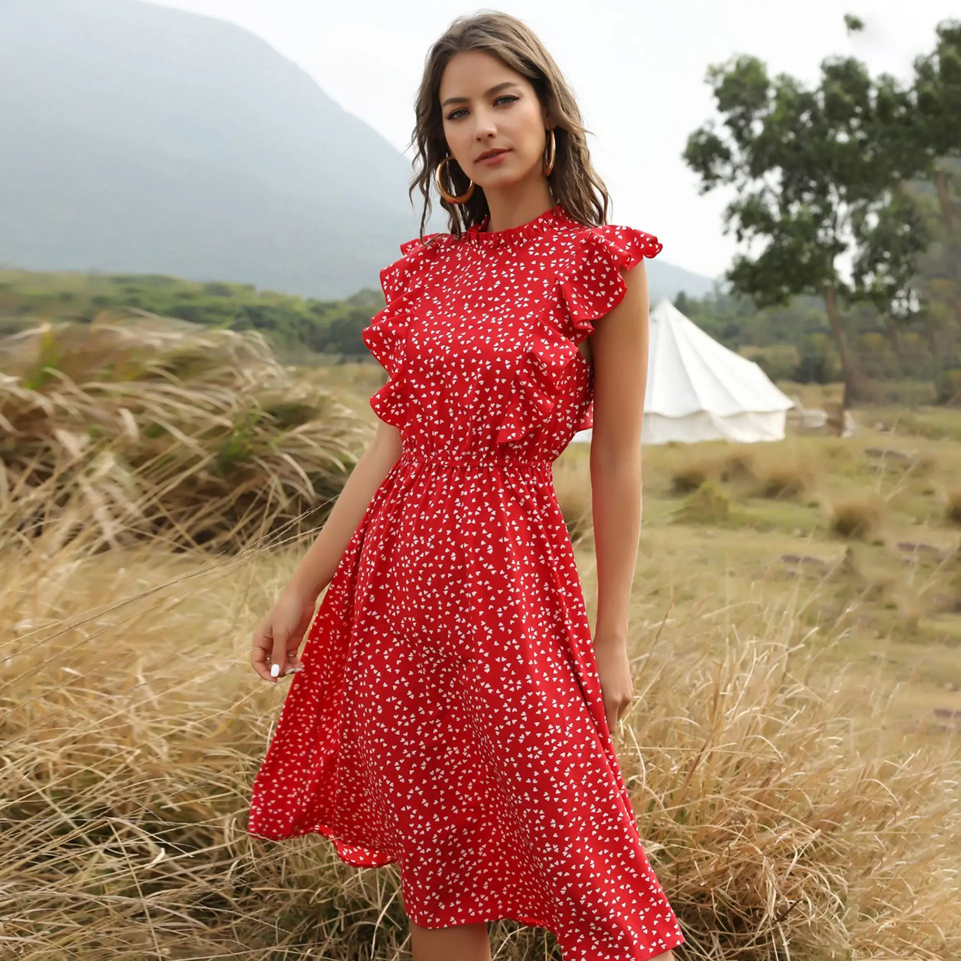 

Chiffon Dress Women Elegant Summer Floral Print Ruffle A-line Sundress Casual Fitted Clothes To Knees 2020 Red Dresses For Women