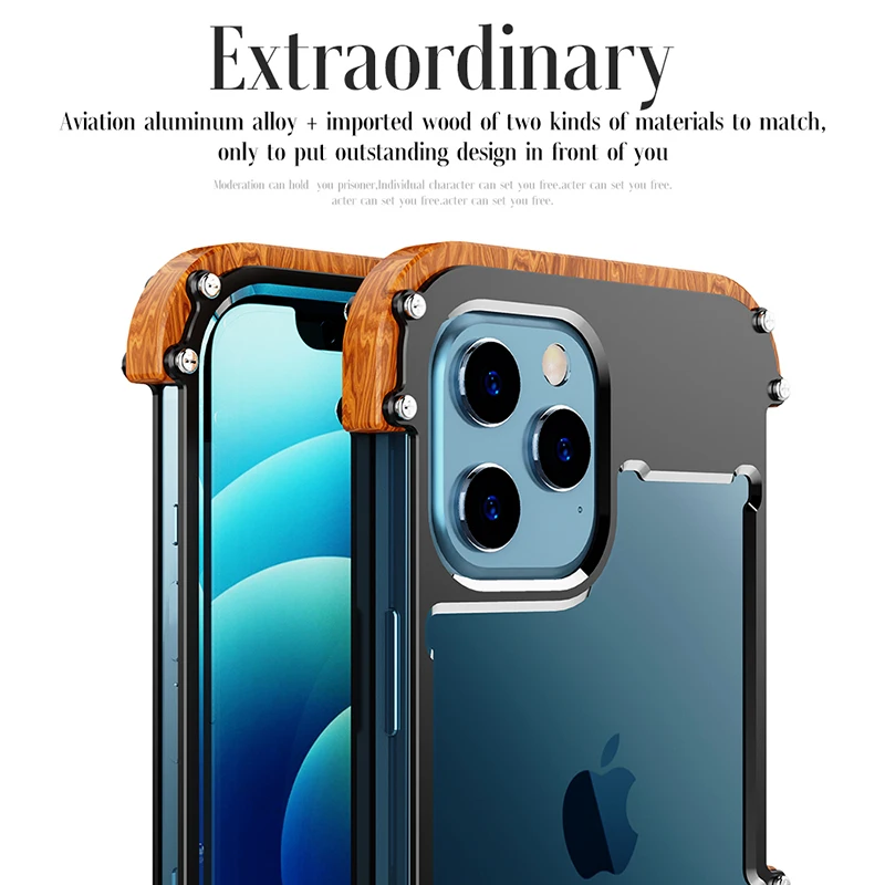 

For iPhone 12 Pro Max 12 Mini 11 Pro S 2020 X 6 6s 7 8 Plus XR XS Case Aluminum Bumper Metal & Wood Shockproof Back Phone Case