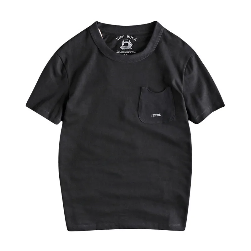 

men's Retro solid color pocket decoration pure cotton T-shirt men round neck short sleeve bottoming shirt streetwear