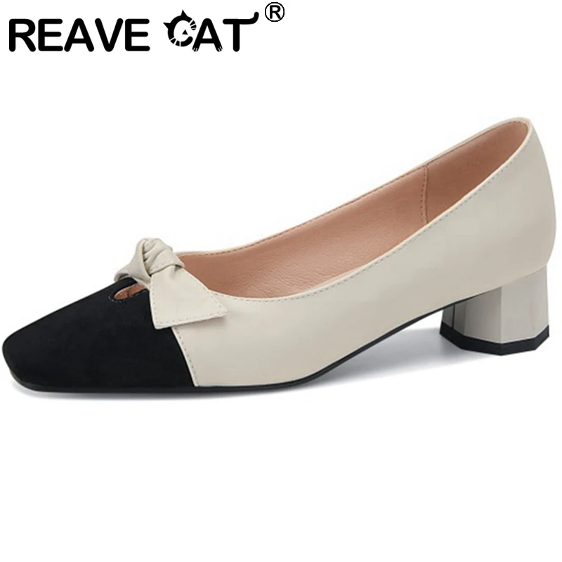 

REAVE CAT Party Style Square Toe Pumps Fashion Color Matching Bowknot Slip On Medium With Chunky Heel Women Shoes F1613