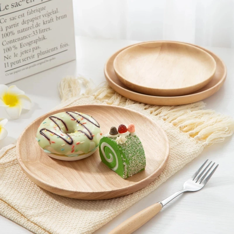 

Japan Style Round Shape Rubber Wood Pan Plate for Fruit Dishes Saucer Tea Dessert Dinner Bread Food Storage Plate Tray