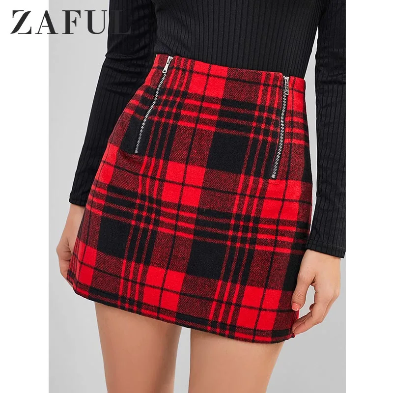Женская клетчатая мини юбка ZAFUL трапециевидной формы на молнии в английском