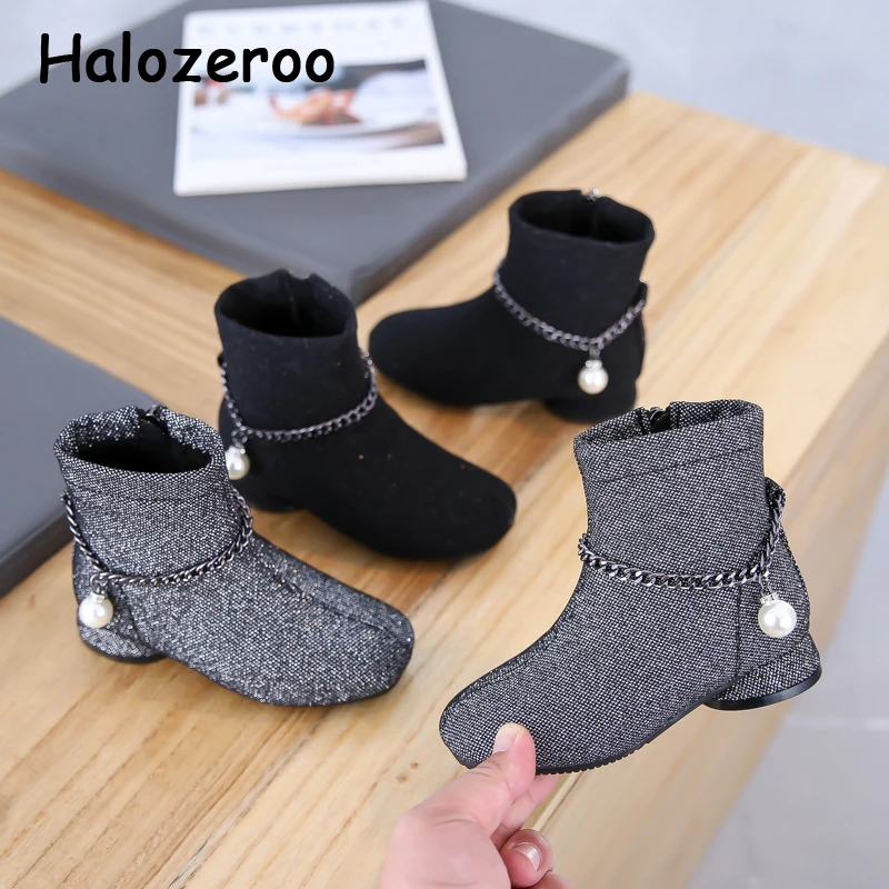 

New Winter Kids Fashion Boots Children Black Chain Shoes Baby Girls Pearl Princess Boots Brand Ankle Shoes Bling Dress Boots