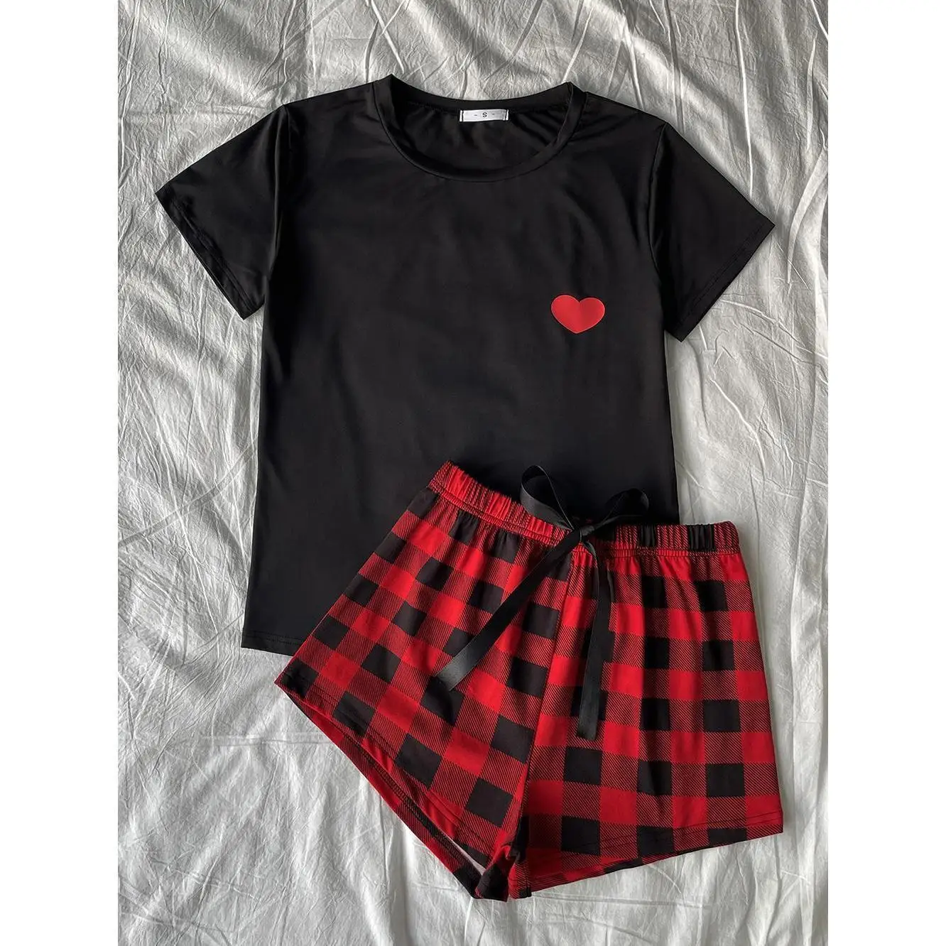 Women Pajama Set Solid Color Short Sleeve O-neck Top and Plaid Jogger Pants Female Nightwear Ladies Homewear Loungewear