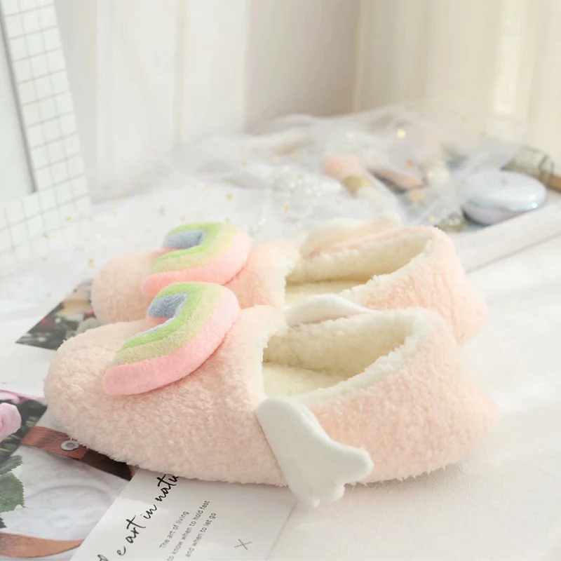 Sweet girl heart three-dimensional rainbow wings anti slip floor shoes in autumn and winter warm home shoes indoor cotton slippe
