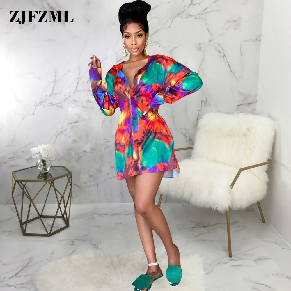 

Женское Короткое платье-рубашка с принтом, однобортное платье-блуза с глубоким V-образным вырезом и длинным рукавом для ранней осени