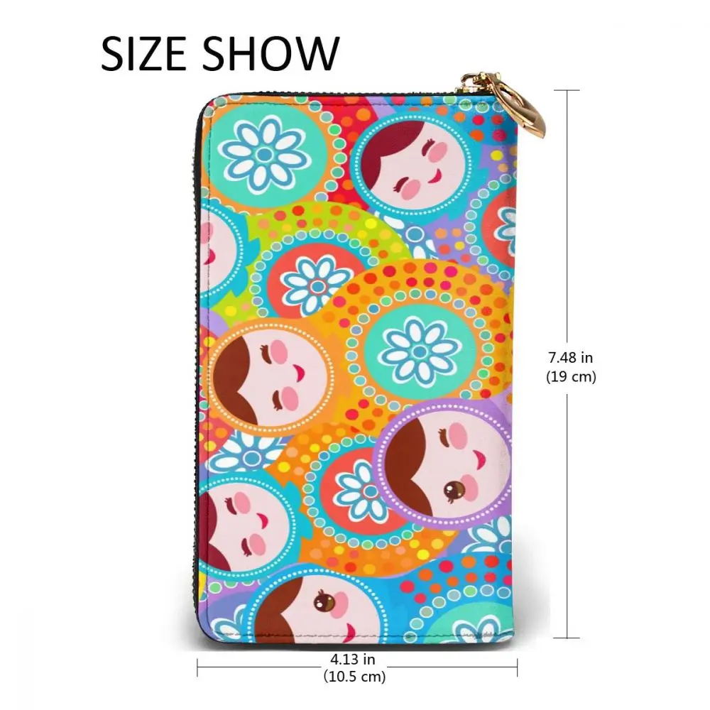 

2021 Leather Wallet Long Russian Dolls Pink Blue Green Colors Multiple Cards Holder Clutch Female Male Purse Standard Wallet