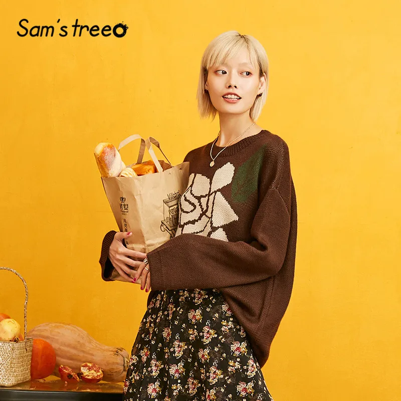 SAM'S TREE coffee, большой корейский свитер с цветочным принтом, женская одежда, осень, повседневные офисные женские вязаные топы с открытыми плечами