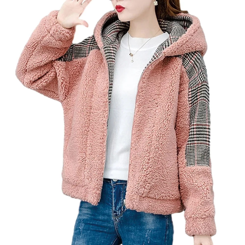 

Plus Size Patchwork Hoodie Coats Women Fleece Long Sleeve Lamb Wool Faux Fur Hooded Jacket Autumn Winter Warm Ladies Outwear