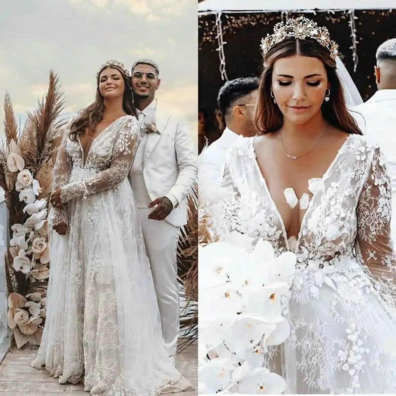 

Plus Size Boho Wedding Dresses Long Sleeve Sexy Deep V Neck Appliques Lace Bohemian Bridal Gowns Vestido De Novia Custom Made