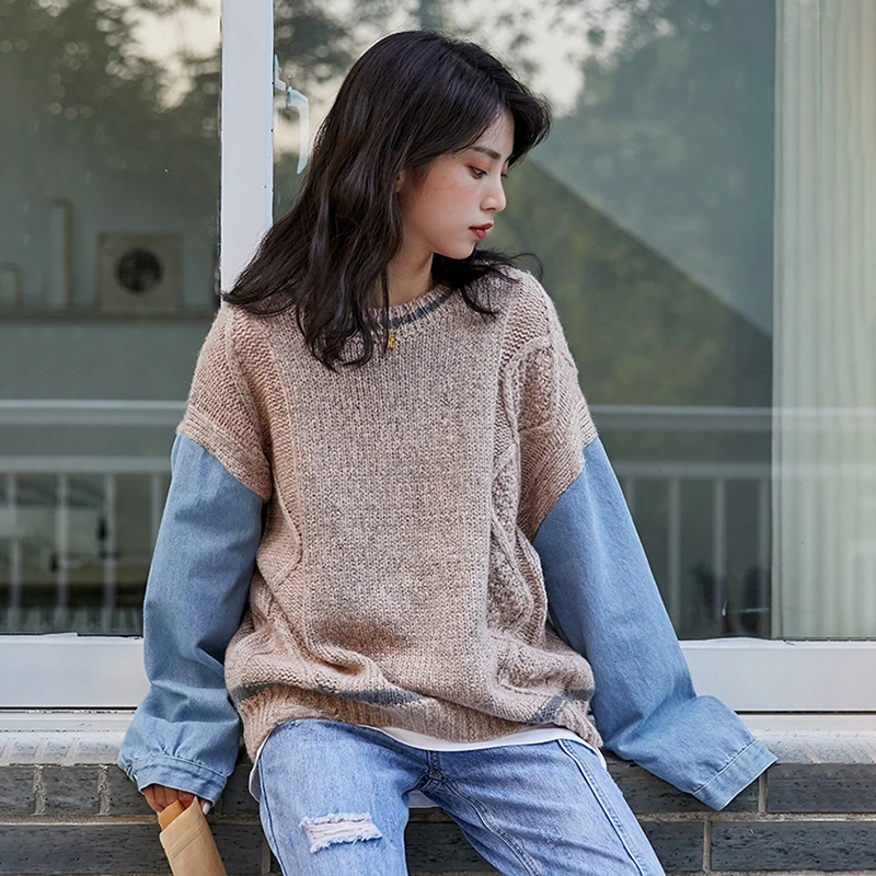 GALCAUR Patchwork Denim Women's Sweaters Long Sleeve O Neck Hit Color Oversized Female Sweater 2020 Autumn Winter Fashion New | Женская