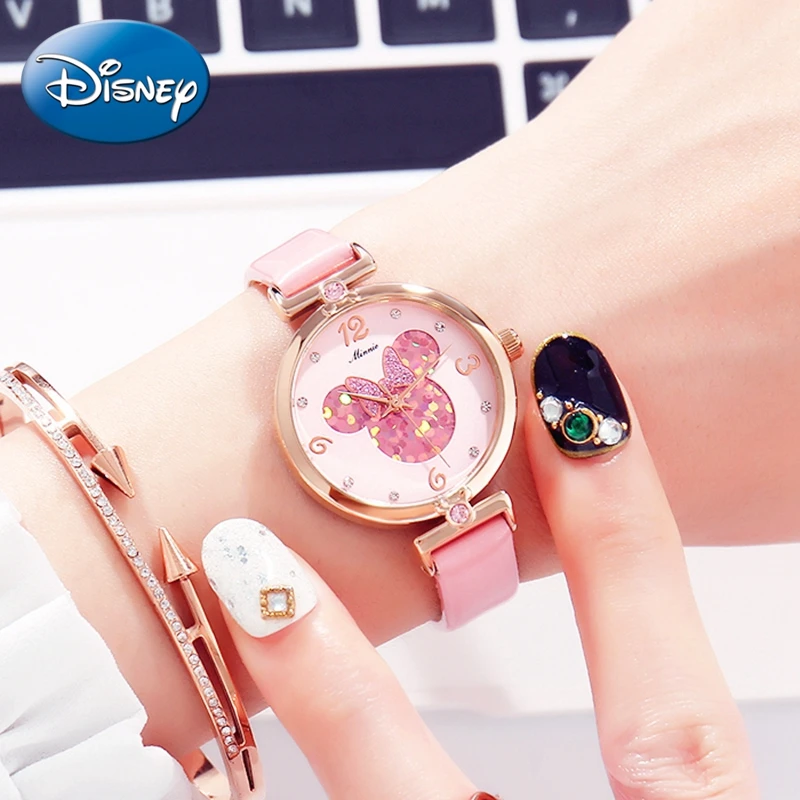 Women Lovely Pretty Smart Minnie Cuties Watch Girl Beautiful Pink Leather Strap Quartz Clock Gift Luxury Crystal Youth Lady Time