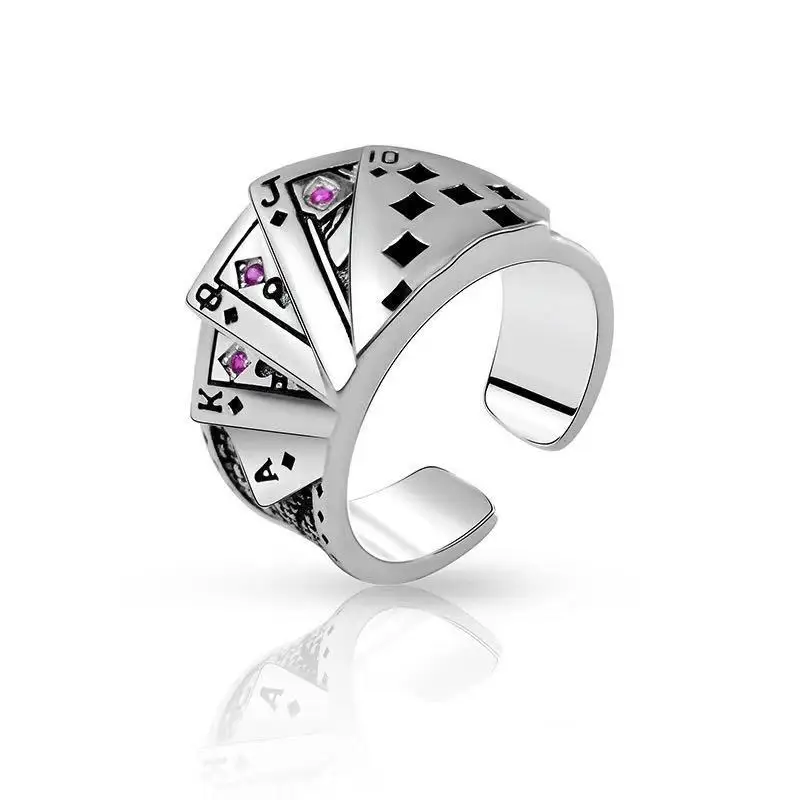 

Playing Card Ring 925 Silver Retro Fashion Men's And Women's Style Open Wide Version Ring Personality Trendy Style
