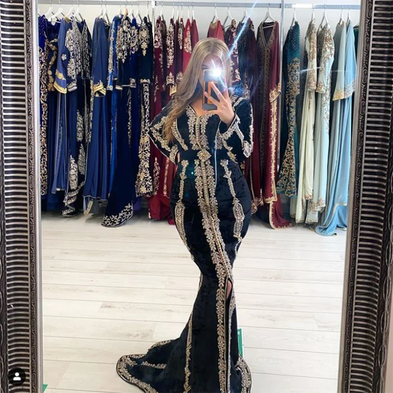 

Charming Black Mermaid Moroccan Kaftan Evening Dress V Neck Appliques Long Sleeves Muslim Dubai Saudi Arabic Prom Party Dresses