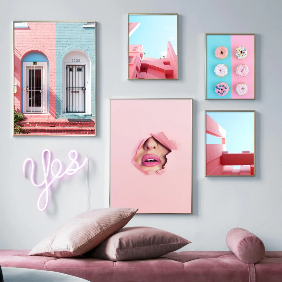 Розовый пляжный морской дом дверь девушка губы стены искусство печать холст