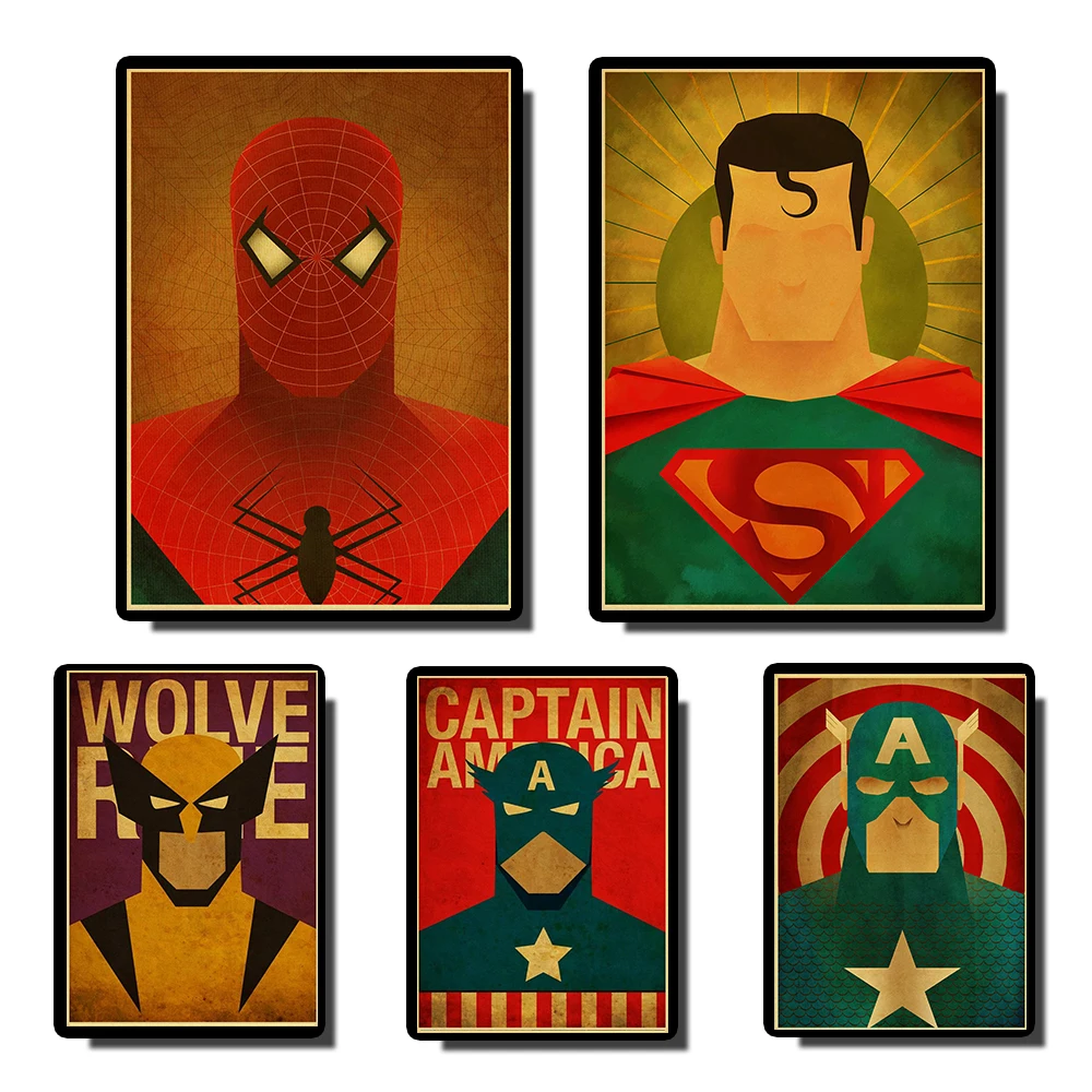 ВИНТАЖНЫЙ ПЛАКАТ Marvel, супергерой, Супермен, Бэтмен, вспышка, Человек-паук, постеры из фильма, табличка, Фреска для гостиной, дома, кофе-бар