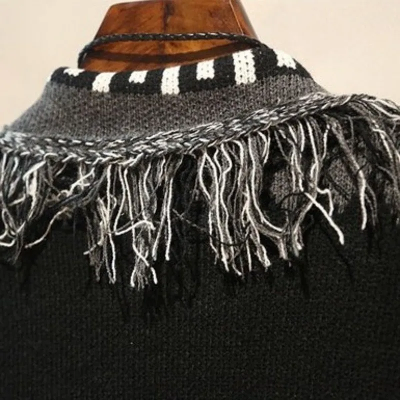 

New Autumn Mens Sweater Cardigan Coat Japanese Fashion Patchwork Tassel Lapel Knitting Tops Retro Loose Jumpers Casual Outerwear