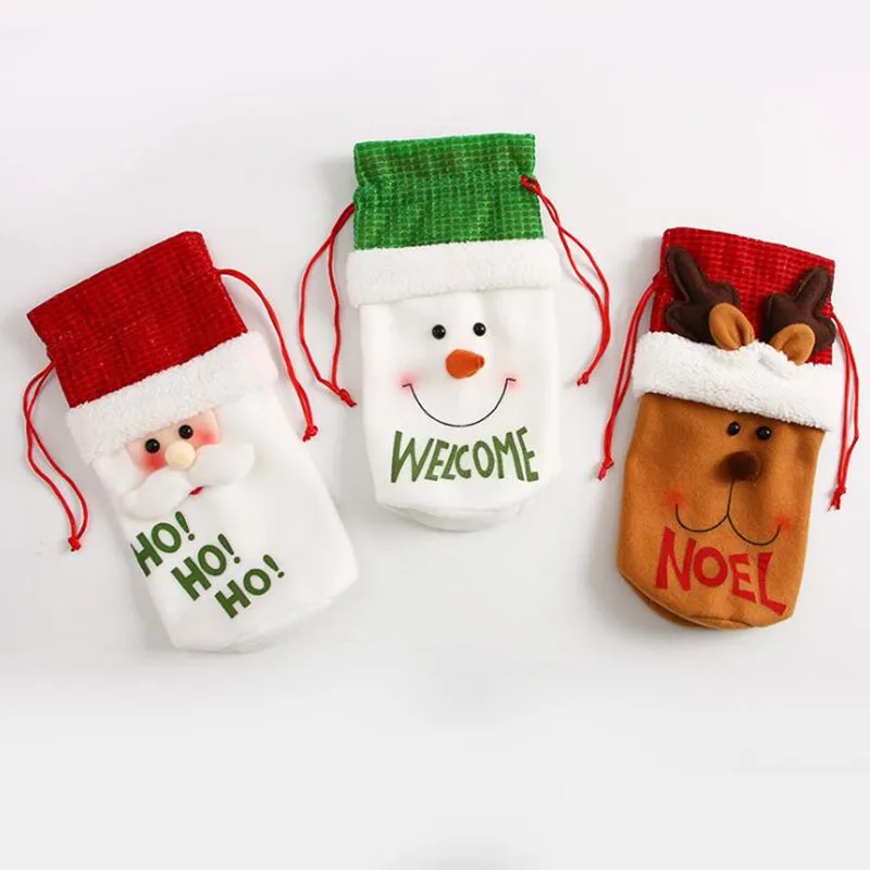 

Christmas Santa Claus Red Wine Bottle Cover Bags Snowman Deer Gift Bag Holders Christmas Dinner Party Table Decoration